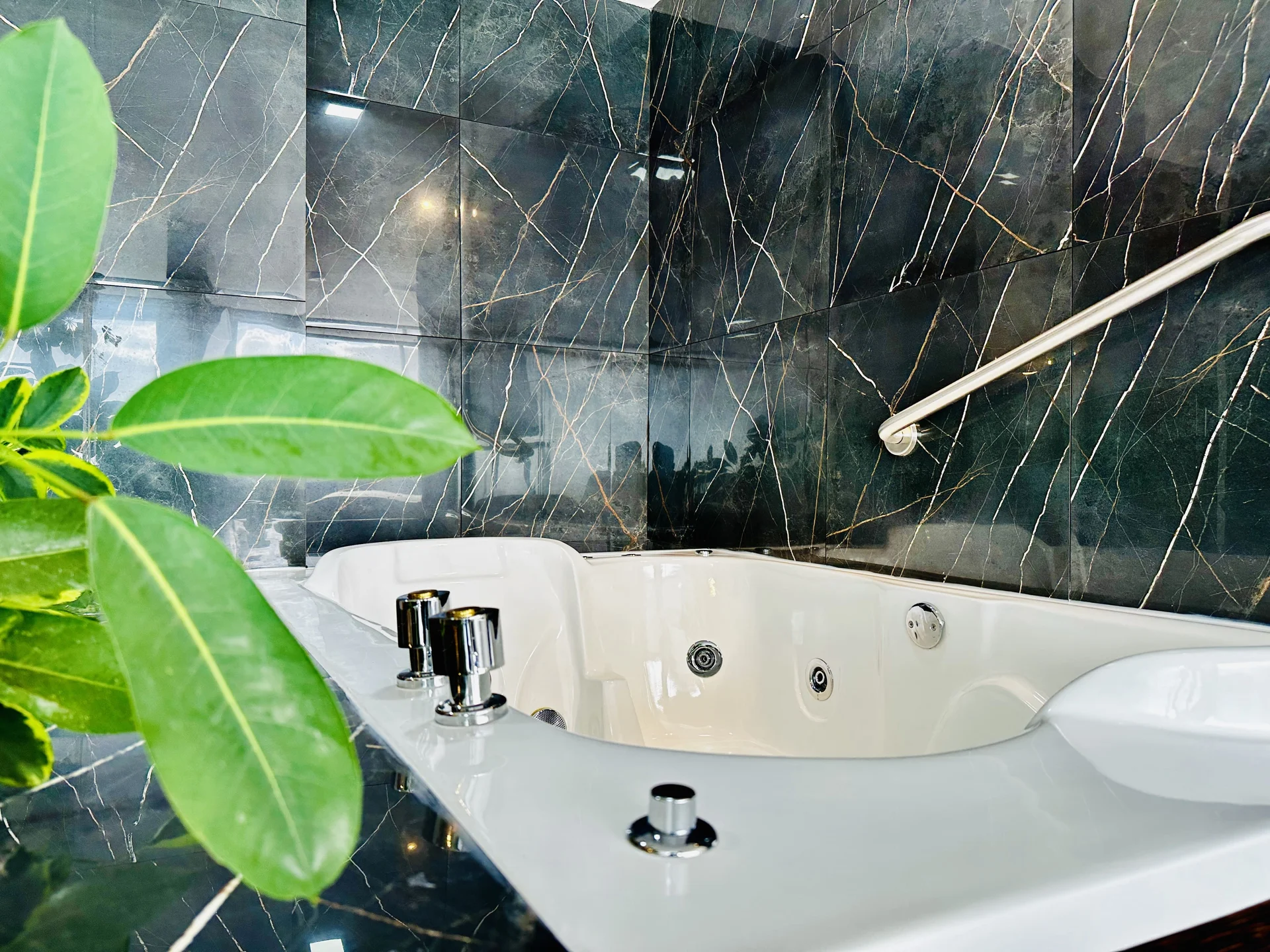 Baño con tina de mármol negro